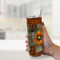 Rubber base of sunflower tumbler for stability, surface protection. Hand holding personalized name sunflower tumbler. 